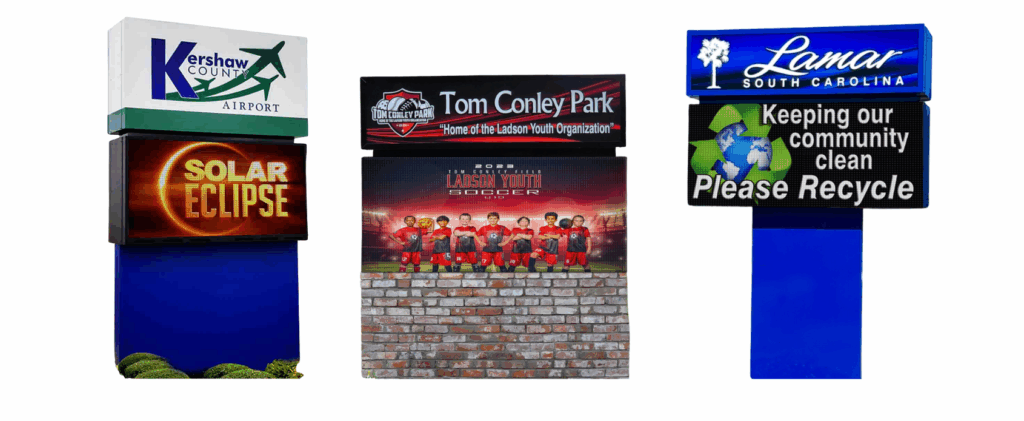 Three colorful outdoor signs, one for an airport, one for a park, and one promoting recycling.