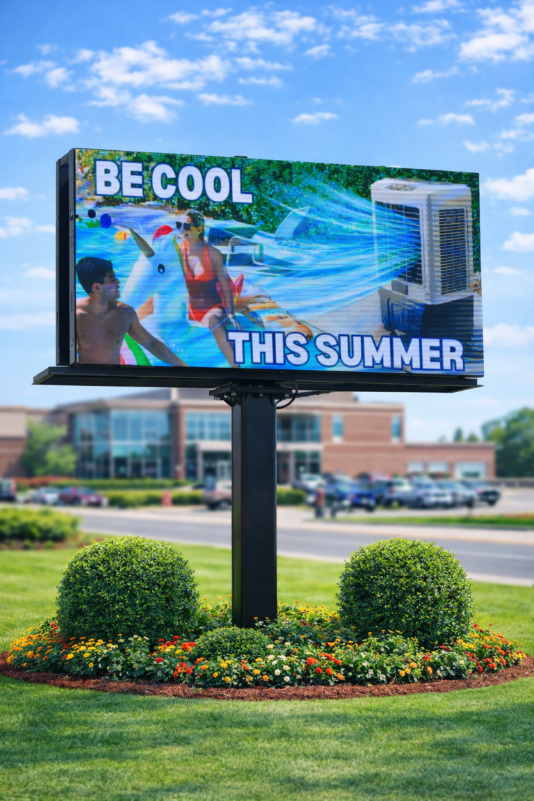 LED sign outdoors says Be cool this summer with kids playing in a pool and an air conditioner in the image.