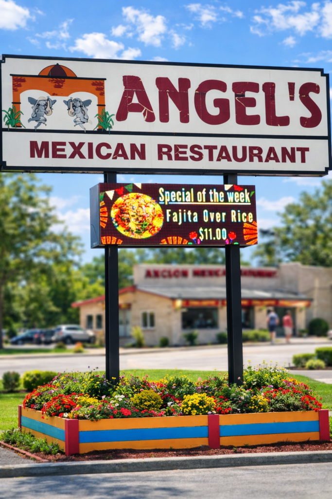 Sign for Angels Mexican Restaurant with a digital board reading Special of the week: Fajita Over Rice $11.00.
