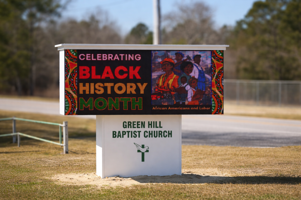 Sign at Green Hill Baptist Church reads Celebrating Black History Month with an image of African Americans working.