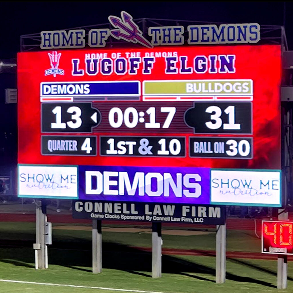 Scoreboard at a football game: Bulldogs 31, Demons 13, 17 seconds left in the 4th quarter, 1st and 10.