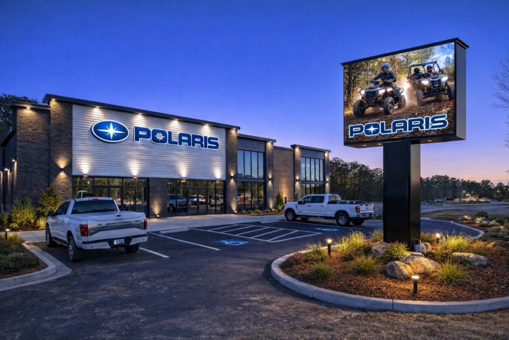 Polaris dealership building at dusk with parked white trucks and illuminated Polaris sign in front.